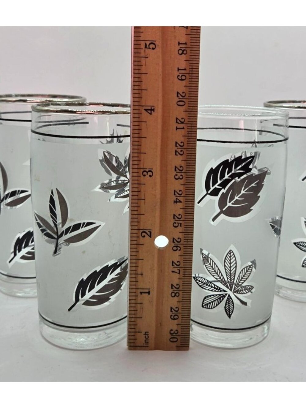 Vtg Silver Leaf Foliage Highball Glasses Metallic Rim 4" Tall Set of 4 MCM - Picture 5 of 6